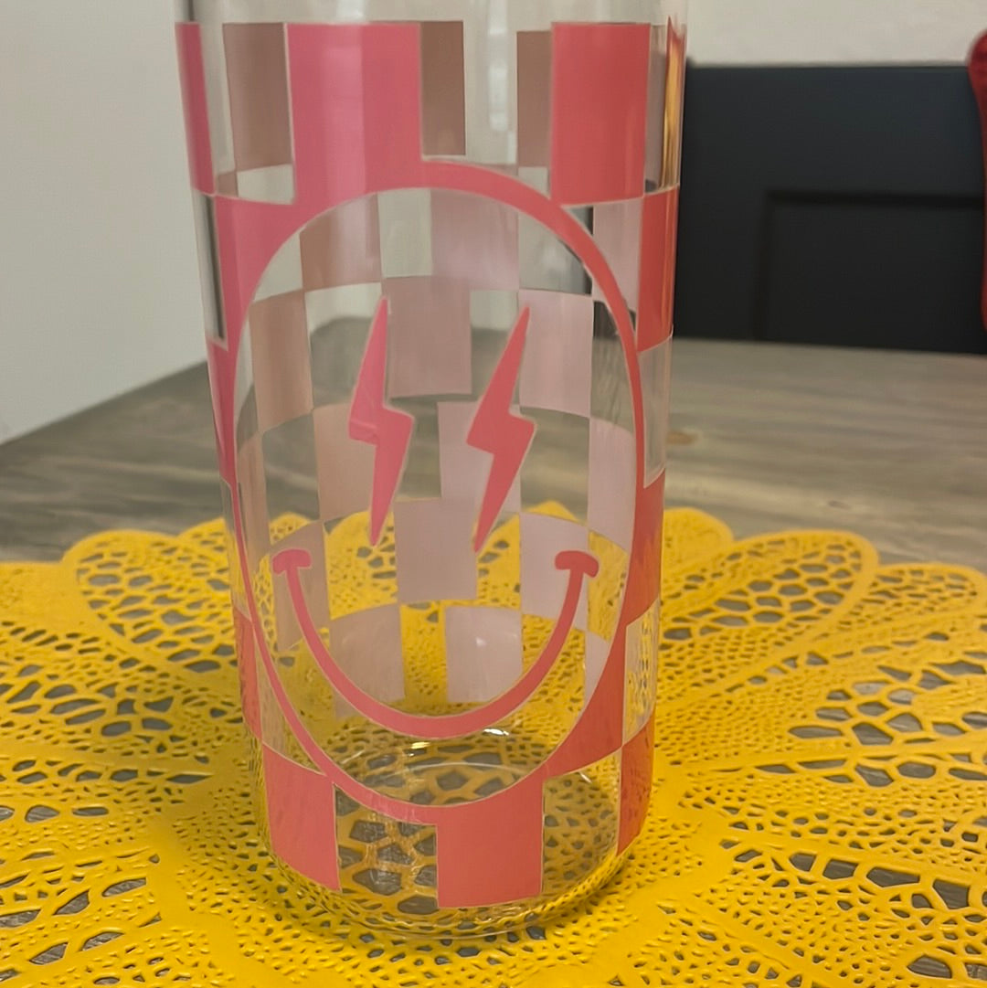 Pink Checkers Glass Can Cup