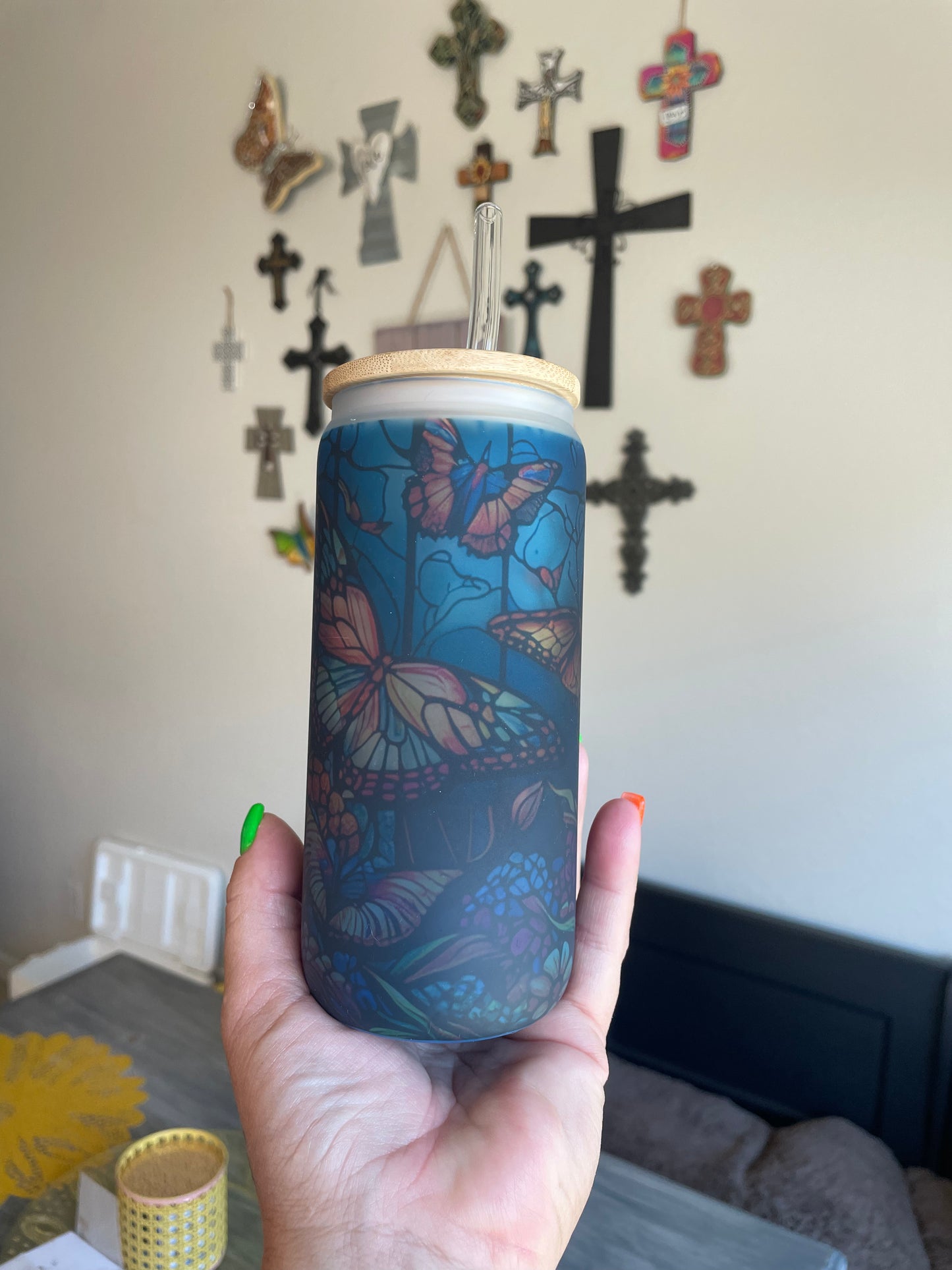Butterfly Mania Glass Can Cup