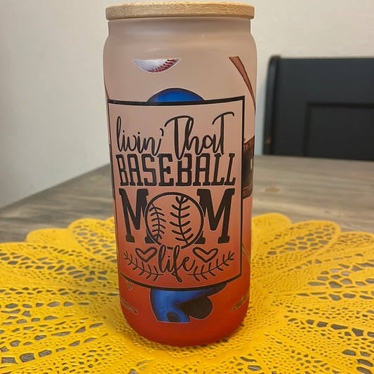 Baseball Mom (red) Glass Can Cup