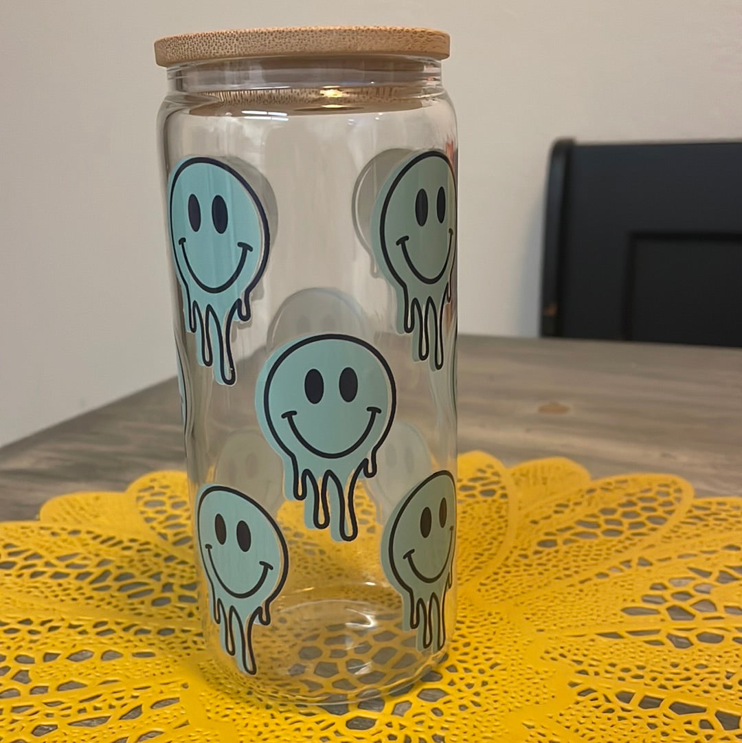 Green Smiley Glass Can Cup